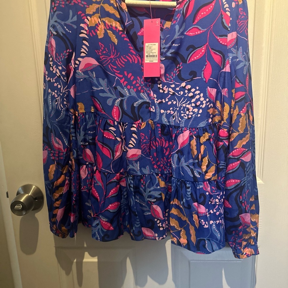 Lilly Pulitzer $198 Sarita Silk Top, Absolute Purrfection, Size 0 NWT BOHO - Picture 2 of 10